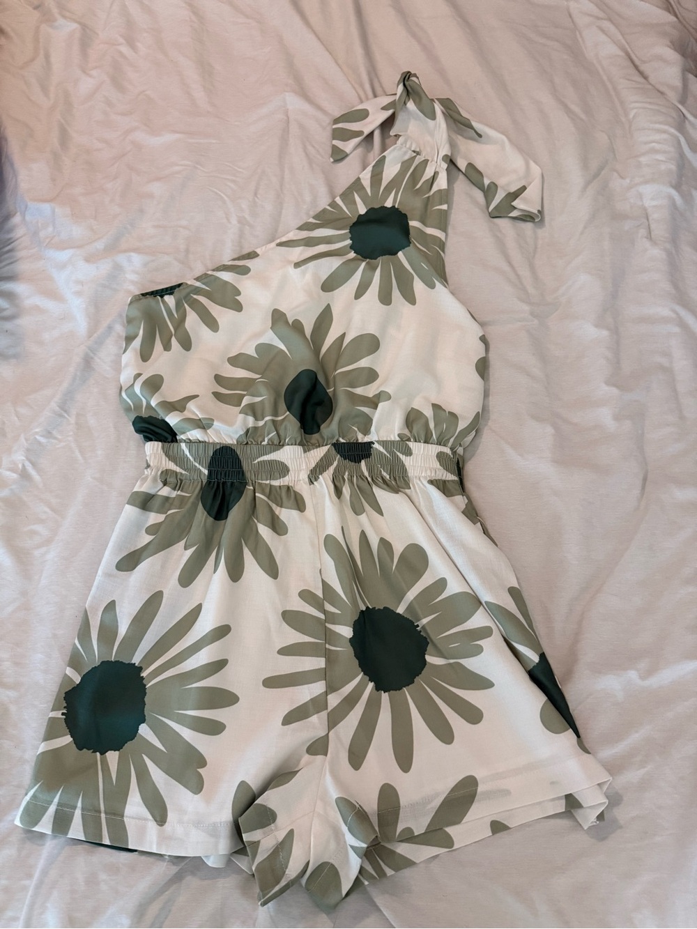 Petal & Pup Cream One-Shoulder Romper with Olive Green Floral Print